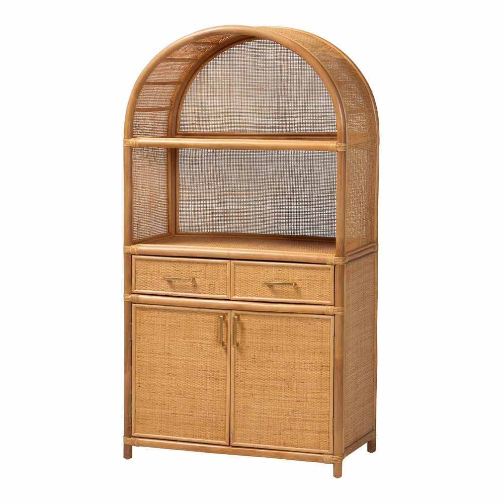Baxton Studio bali Mairen Arched Rattan Storage Cabinet - Handcrafted Boho Coastal Hutch with Drawers & Shelves Mairen-Light Honey Rattan-Cabinet