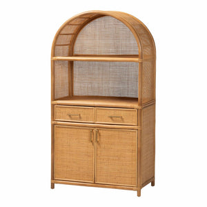 Baxton Studio bali Mairen Arched Rattan Storage Cabinet - Handcrafted Boho Coastal Hutch with Drawers & Shelves Mairen-Light Honey Rattan-Cabinet