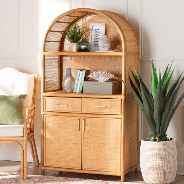 Baxton Studio bali Mairen Arched Rattan Storage Cabinet - Handcrafted Boho Coastal Hutch with Drawers & Shelves Mairen-Light Honey Rattan-Cabinet