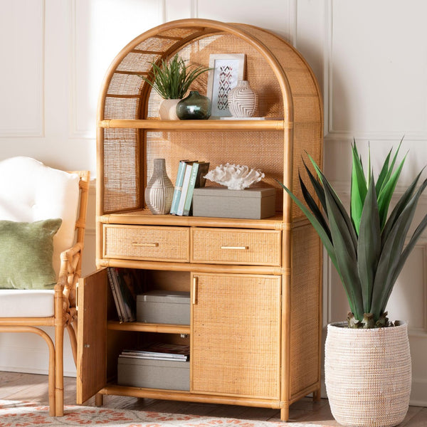 Baxton Studio bali Mairen Arched Rattan Storage Cabinet - Handcrafted Boho Coastal Hutch with Drawers & Shelves Mairen-Light Honey Rattan-Cabinet