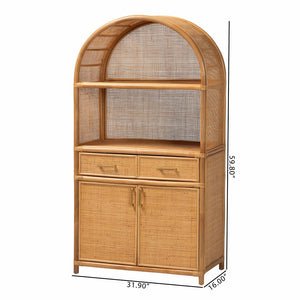 Baxton Studio bali Mairen Arched Rattan Storage Cabinet - Handcrafted Boho Coastal Hutch with Drawers & Shelves Mairen-Light Honey Rattan-Cabinet