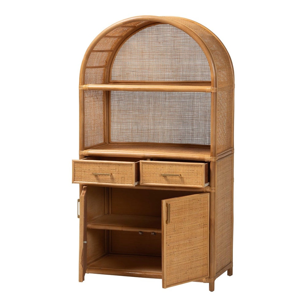 Baxton Studio bali Mairen Arched Rattan Storage Cabinet - Handcrafted Boho Coastal Hutch with Drawers & Shelves Mairen-Light Honey Rattan-Cabinet
