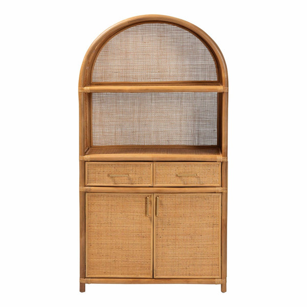 Baxton Studio bali Mairen Arched Rattan Storage Cabinet - Handcrafted Boho Coastal Hutch with Drawers & Shelves Mairen-Light Honey Rattan-Cabinet
