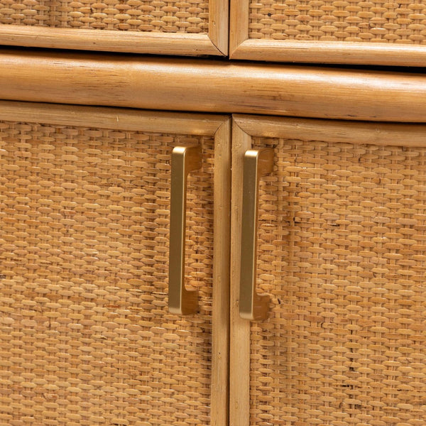 Baxton Studio bali Mairen Arched Rattan Storage Cabinet - Handcrafted Boho Coastal Hutch with Drawers & Shelves Mairen-Light Honey Rattan-Cabinet