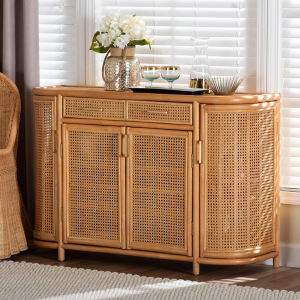 Baxton Studio bali McKenna Handwoven Rattan Sideboard - Coastal Boho Buffet with Ample Storage & Curved Design McKenna-Light Honey Rattan-Cabinet