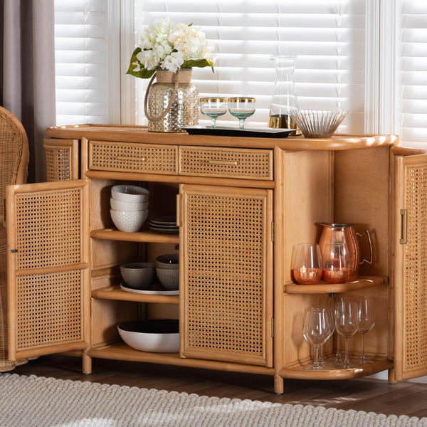 Baxton Studio bali McKenna Handwoven Rattan Sideboard - Coastal Boho Buffet with Ample Storage & Curved Design McKenna-Light Honey Rattan-Cabinet