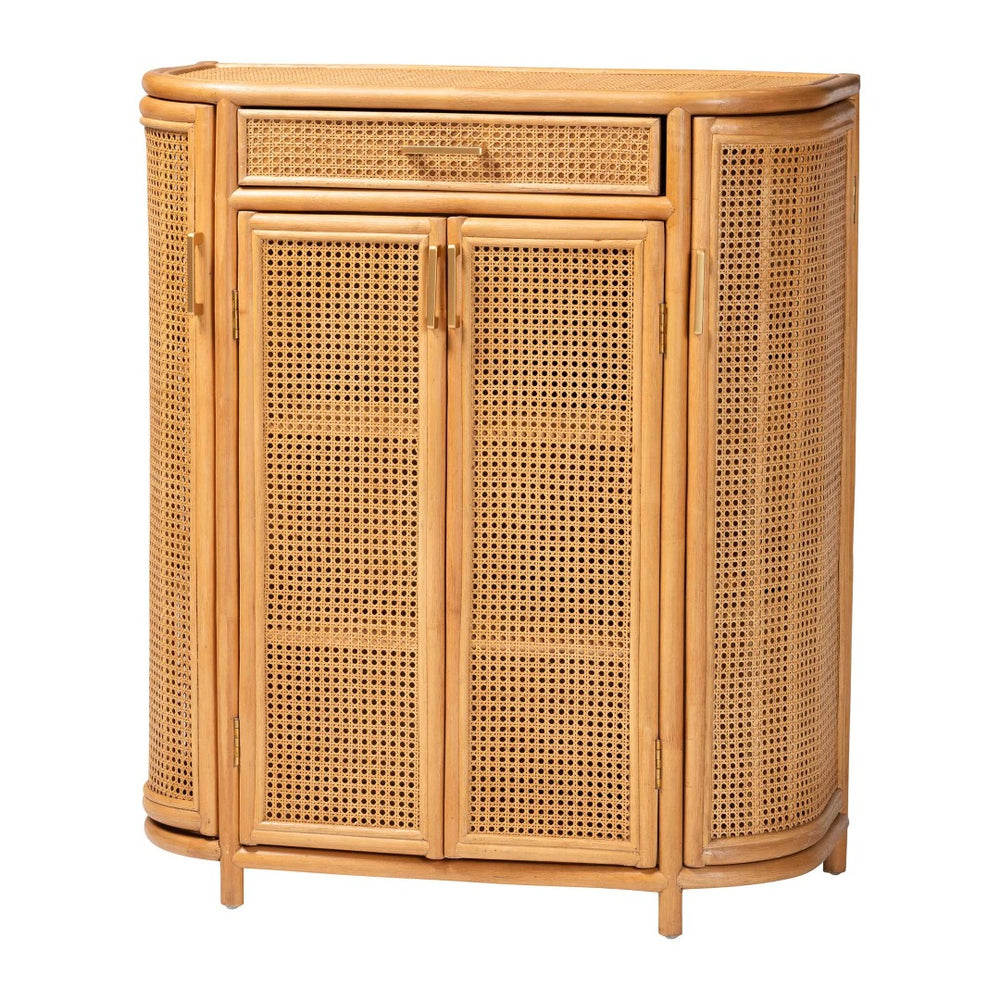 Baxton Studio bali McKenna Handwoven Rattan Storage Cabinet - Boho Coastal Accent for Living Room & Entryway, 9 Shelves Mave-Light Honey Rattan-Cabinet