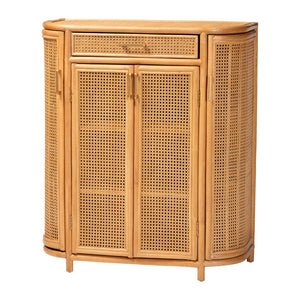 Baxton Studio bali McKenna Handwoven Rattan Storage Cabinet - Boho Coastal Accent for Living Room & Entryway, 9 Shelves Mave-Light Honey Rattan-Cabinet