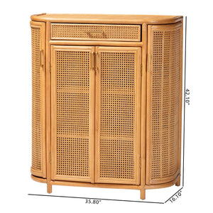 Baxton Studio bali McKenna Handwoven Rattan Storage Cabinet - Boho Coastal Accent for Living Room & Entryway, 9 Shelves Mave-Light Honey Rattan-Cabinet