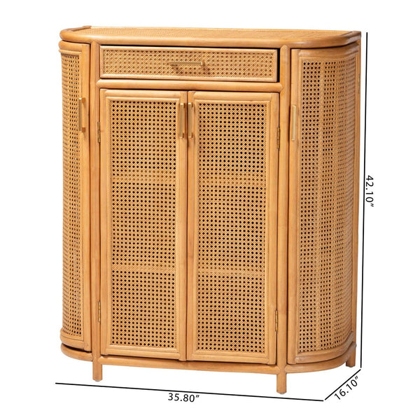 Baxton Studio bali McKenna Handwoven Rattan Storage Cabinet - Boho Coastal Accent for Living Room & Entryway, 9 Shelves Mave-Light Honey Rattan-Cabinet
