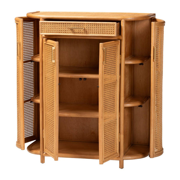 Baxton Studio bali McKenna Handwoven Rattan Storage Cabinet - Boho Coastal Accent for Living Room & Entryway, 9 Shelves Mave-Light Honey Rattan-Cabinet