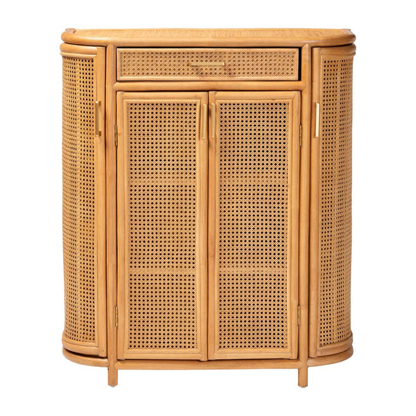 Baxton Studio bali McKenna Handwoven Rattan Storage Cabinet - Boho Coastal Accent for Living Room & Entryway, 9 Shelves Mave-Light Honey Rattan-Cabinet