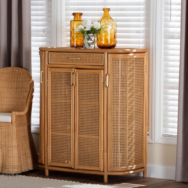 Baxton Studio bali McKenna Handwoven Rattan Storage Cabinet - Boho Coastal Accent for Living Room & Entryway, 9 Shelves Mave-Light Honey Rattan-Cabinet