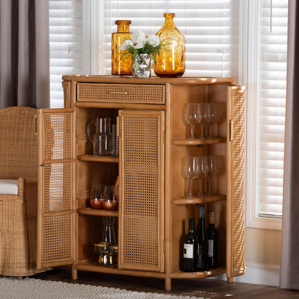 Baxton Studio bali McKenna Handwoven Rattan Storage Cabinet - Boho Coastal Accent for Living Room & Entryway, 9 Shelves Mave-Light Honey Rattan-Cabinet
