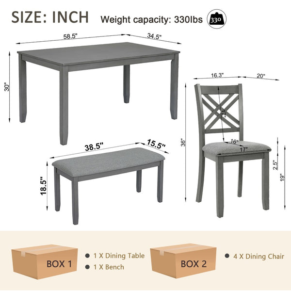 English Elm 6 Piece Rubberwood Dining Set with Bench and Linen Chairs for Transitional Kitchen W1998S00105