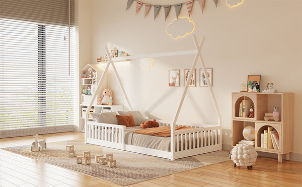 English Elm Twin House Bed with Roof and Fence for Kids – Sturdy Pine Frame, Vintage Wash Design, Safe Sleep Space White N709P183348K