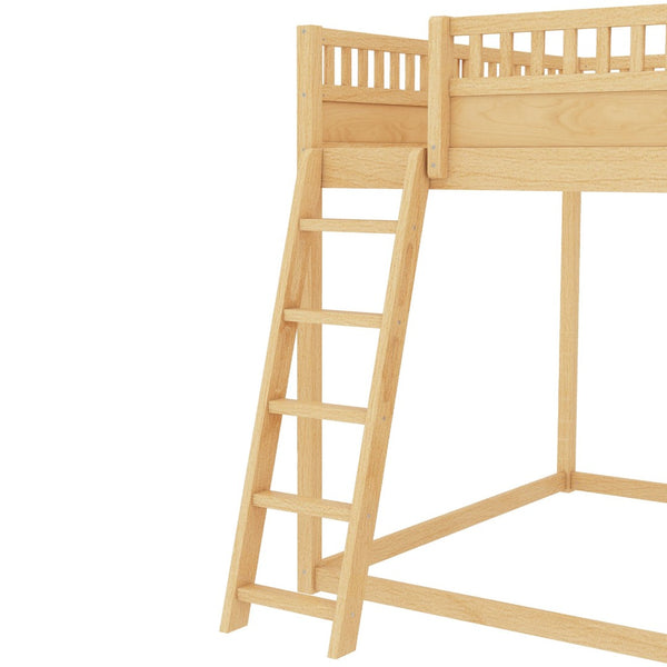 English Elm Full Size Kids Loft Bed Pine Frame Upholstered Headboard Built in Slide and Storage Shelves Natural W1580S00306