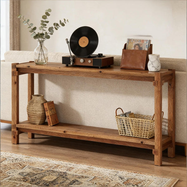 English Elm Practical Geometric Console Table with Matte Black Wood Grain Finish for Entryway or Sofa T3971P453086