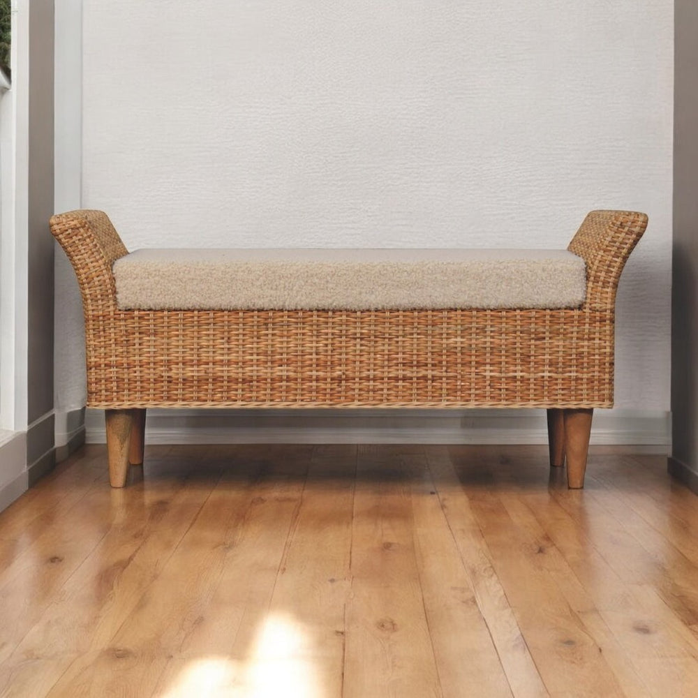 English Elm Solid Wood Riviera Woven Bench - Elegant Cream Upholstered Seating For Entryways & Living Rooms B182P279290-GIGA