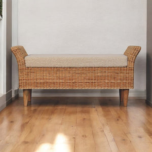 English Elm Solid Wood Riviera Woven Bench - Elegant Cream Upholstered Seating For Entryways & Living Rooms B182P279290-GIGA