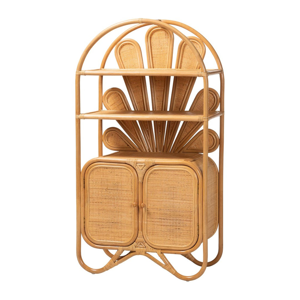 Baxton Studio bali Noreen Peacock Fan Rattan Cabinet - Handcrafted Boho Coastal Hutch with Woven Doors & Shelves Noreen-Light Honey Rattan-Shelf