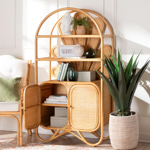 Baxton Studio bali Noreen Peacock Fan Rattan Cabinet - Handcrafted Boho Coastal Hutch with Woven Doors & Shelves Noreen-Light Honey Rattan-Shelf