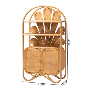 Baxton Studio bali Noreen Peacock Fan Rattan Cabinet - Handcrafted Boho Coastal Hutch with Woven Doors & Shelves Noreen-Light Honey Rattan-Shelf