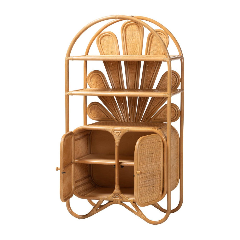 Baxton Studio bali Noreen Peacock Fan Rattan Cabinet - Handcrafted Boho Coastal Hutch with Woven Doors & Shelves Noreen-Light Honey Rattan-Shelf