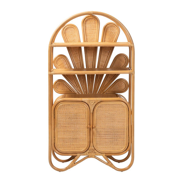 Baxton Studio bali Noreen Peacock Fan Rattan Cabinet - Handcrafted Boho Coastal Hutch with Woven Doors & Shelves Noreen-Light Honey Rattan-Shelf