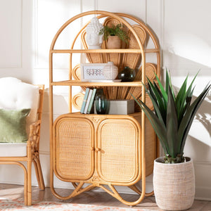Baxton Studio bali Noreen Peacock Fan Rattan Cabinet - Handcrafted Boho Coastal Hutch with Woven Doors & Shelves Noreen-Light Honey Rattan-Shelf