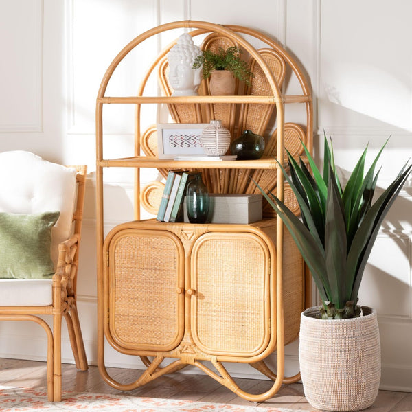 Baxton Studio bali Noreen Peacock Fan Rattan Cabinet - Handcrafted Boho Coastal Hutch with Woven Doors & Shelves Noreen-Light Honey Rattan-Shelf