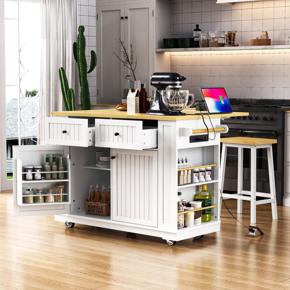 English Elm 48 Inch Rolling Kitchen Island Drop Leaf Prep Cart with Power Outlets and Open Shelving White N707S257057W