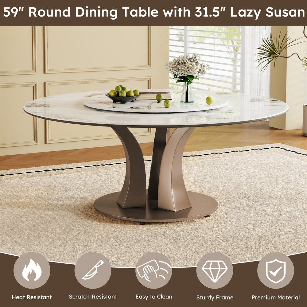 English Elm 59" Round Dining Table With Lazy Susan & Heat-Resistant Sintered Stone Top For Modern Spaces W2699S00045