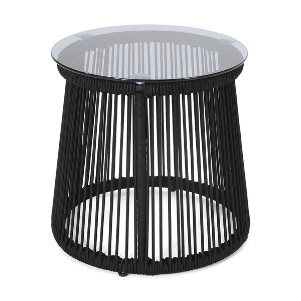 English Elm Christopher Knight Home® - MOONSTONE Modern Woven Rope Side Table with Tempered Glass Top, Black Iron Frame, Handcrafted Durable Chic 67842.00BLK
