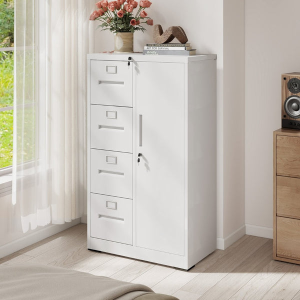 English Elm Metal Four Drawer Filing Cabinet with Lock Steel Storage for Home Office Bedroom White W2735P457275