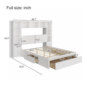 English Elm Full Full Size Pine Platform Bed with 3 Drawers, Built-In Cabinets, 2 Charging Stations & Storage Shelf Frame BS701P286280K