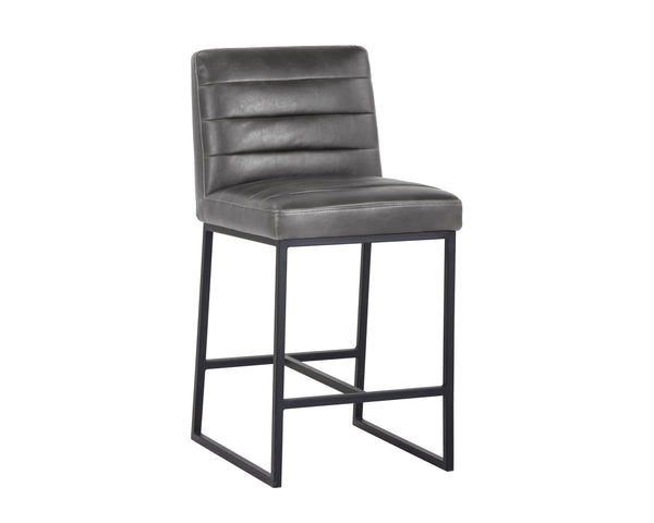 Sunpan Spyros Modern Barstool with Channel Tufting and Sleek Black Powder-Coated Steel Frame for Stylish Spaces Overcast Grey