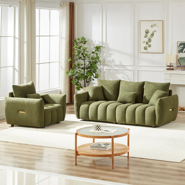 English Elm 3 Plus 1 Seater Teddy Fleece Sofa Set Wooden Frame Foam Spring Living Room Pair Green W1193S00187