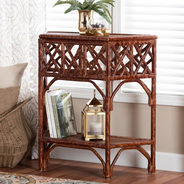 Baxton Studio bali Gaspar Marbled Tortoise Rattan Console Table - Handcrafted Coastal Accent for Entryway & Living Room Gaspar-Tortoise/Rattan-Half Moon-Console Table