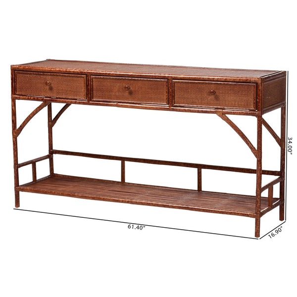 Baxton Studio bali Brier Marbled Tortoise Rattan Console Table - Handcrafted Coastal Accent with 3 Drawers & Shelf Brier-Tortoise/Rattan-Console Table