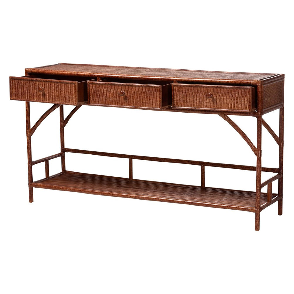 Baxton Studio bali Brier Marbled Tortoise Rattan Console Table - Handcrafted Coastal Accent with 3 Drawers & Shelf Brier-Tortoise/Rattan-Console Table