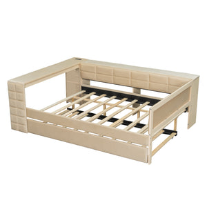 English Elm Full Size Upholstered Platform Bed With Desk, Usb Charging, Trundle & Storage Shelves In Beige Velvet N7090000604A