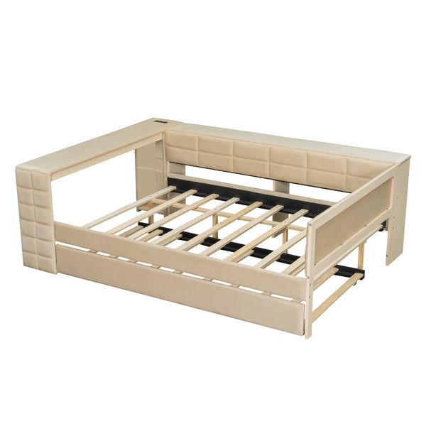 English Elm Full Size Upholstered Platform Bed With Desk, Usb Charging, Trundle & Storage Shelves In Beige Velvet N7090000604A