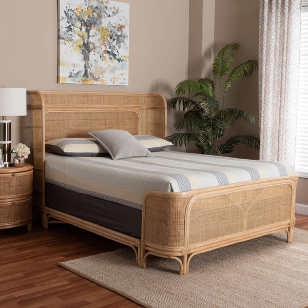 Baxton Studio bali Fiore Natural Rattan Bed Frame - Handcrafted Boho Coastal Design with Woven Headboard, Queen Size Fiore-Natural/Rattan-Queen