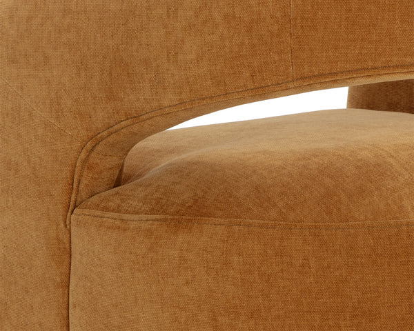 Sunpan Lloret Wheeled Dining Armchair - Elegant Curves, Comfortable Upholstery, Effortless Mobility for Dining Danny Amber