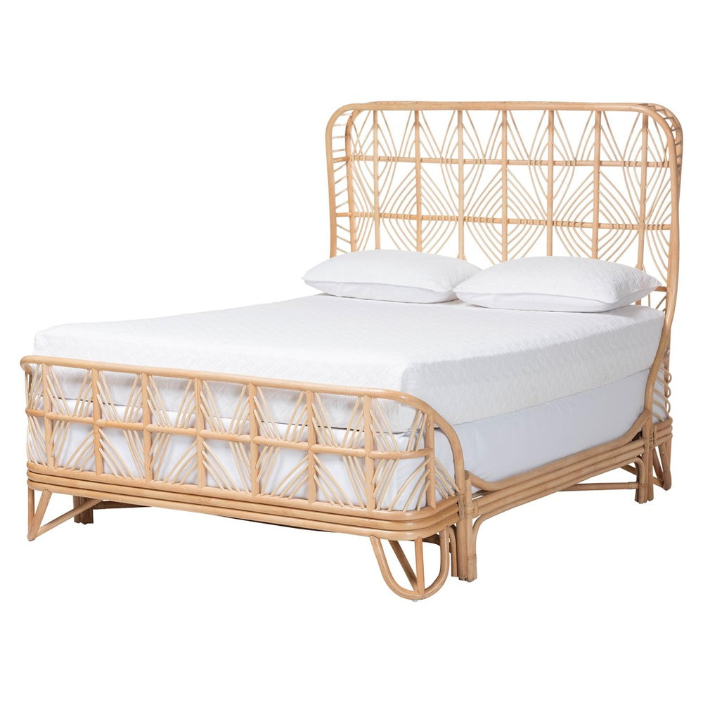 Baxton Studio bali Bali Hadley Queen Natural Rattan Bed Frame with Geometric Headboard - Coastal Boho Bedroom Style Hadley-Natural/Rattan-Queen