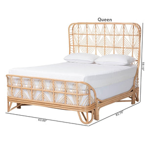 Baxton Studio bali Bali Hadley Queen Natural Rattan Bed Frame with Geometric Headboard - Coastal Boho Bedroom Style Hadley-Natural/Rattan-Queen