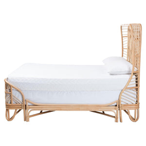 Baxton Studio bali Bali Hadley Queen Natural Rattan Bed Frame with Geometric Headboard - Coastal Boho Bedroom Style Hadley-Natural/Rattan-Queen