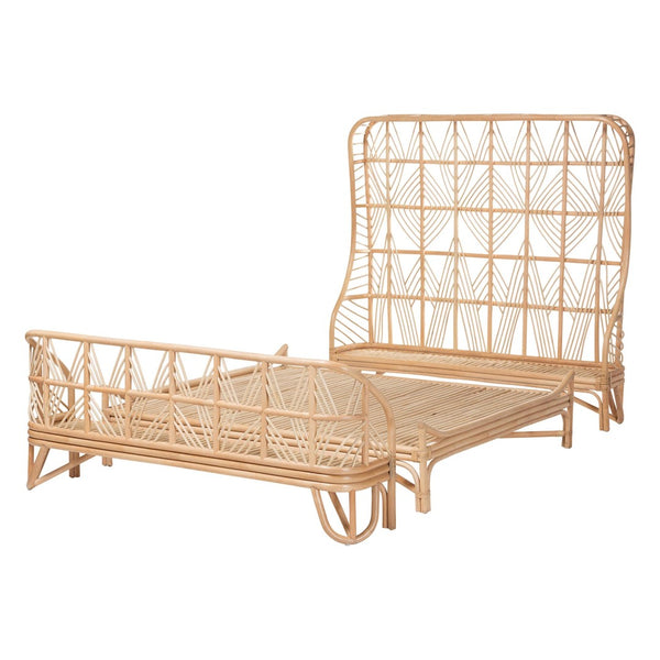 Baxton Studio bali Bali Hadley Queen Natural Rattan Bed Frame with Geometric Headboard - Coastal Boho Bedroom Style Hadley-Natural/Rattan-Queen