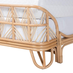 Baxton Studio bali Bali Hadley Queen Natural Rattan Bed Frame with Geometric Headboard - Coastal Boho Bedroom Style Hadley-Natural/Rattan-Queen